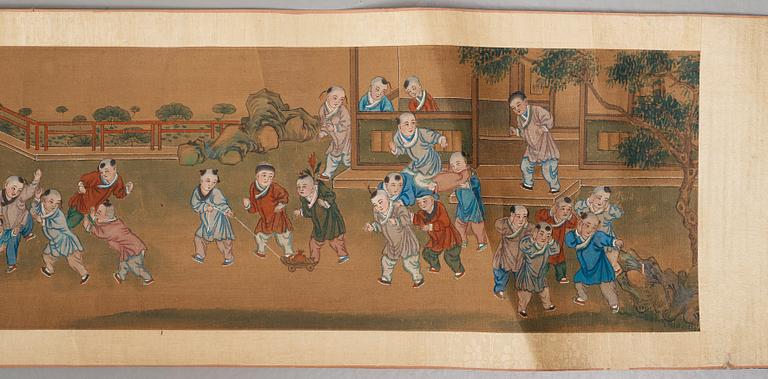 A scroll painting, ink and color on paper, Qing dynasty, 19th Century. '100 boys'.