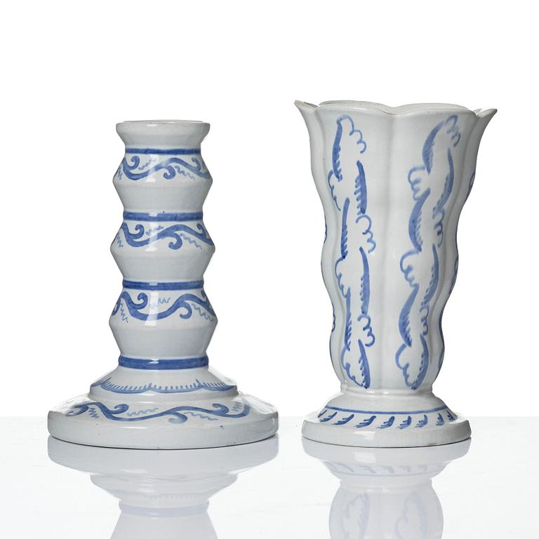Wilhelm Kåge, Two earthenware vases, a lamp base and a jar with cover, Gustavsberg, Sweden, dated 1920.