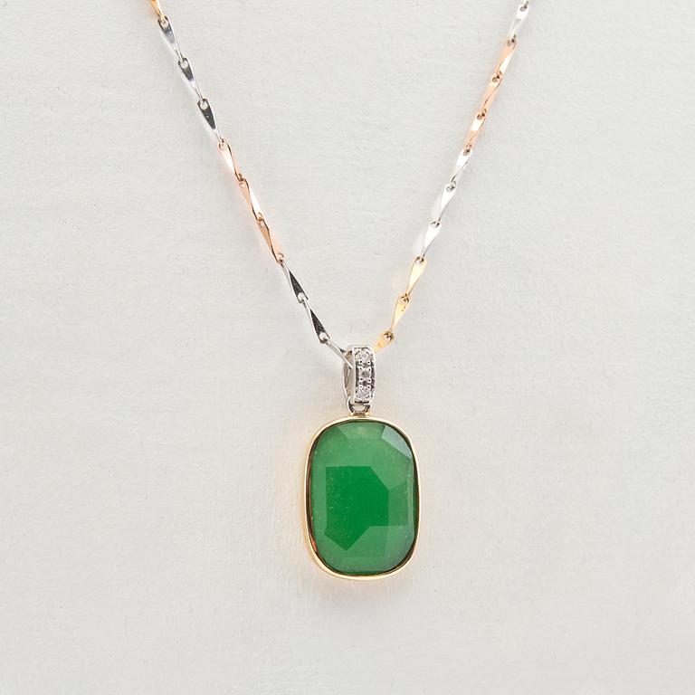 Necklace 14K tri-colour gold with diamonds and green faceted stone.