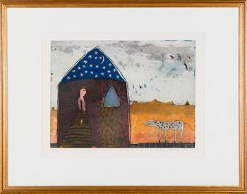Kirsi Neuvonen, Woman and dog by a cottage.