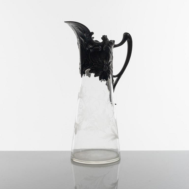 decanter / jug, glass and pewter, Art Nouveau, early 1900's.