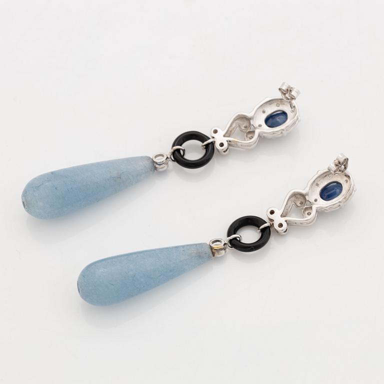 Sapphire, eight cut diamond, onyx and aquamarine drop earrings.