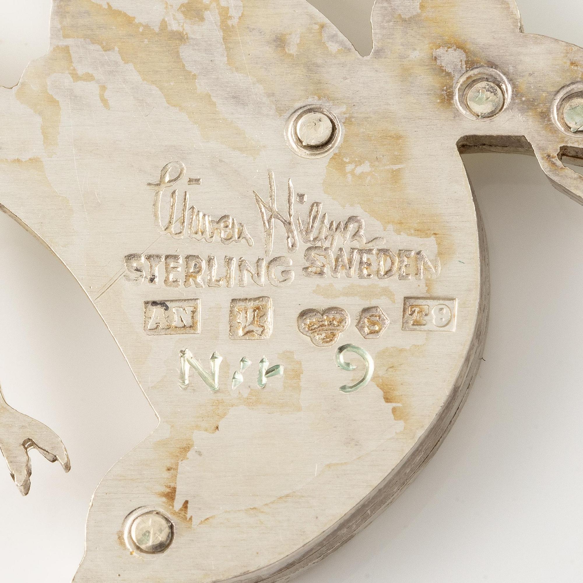 Wiwen Nilsson, a brooch in the form of a bird on a branch, sterling silver, Lund 1969.