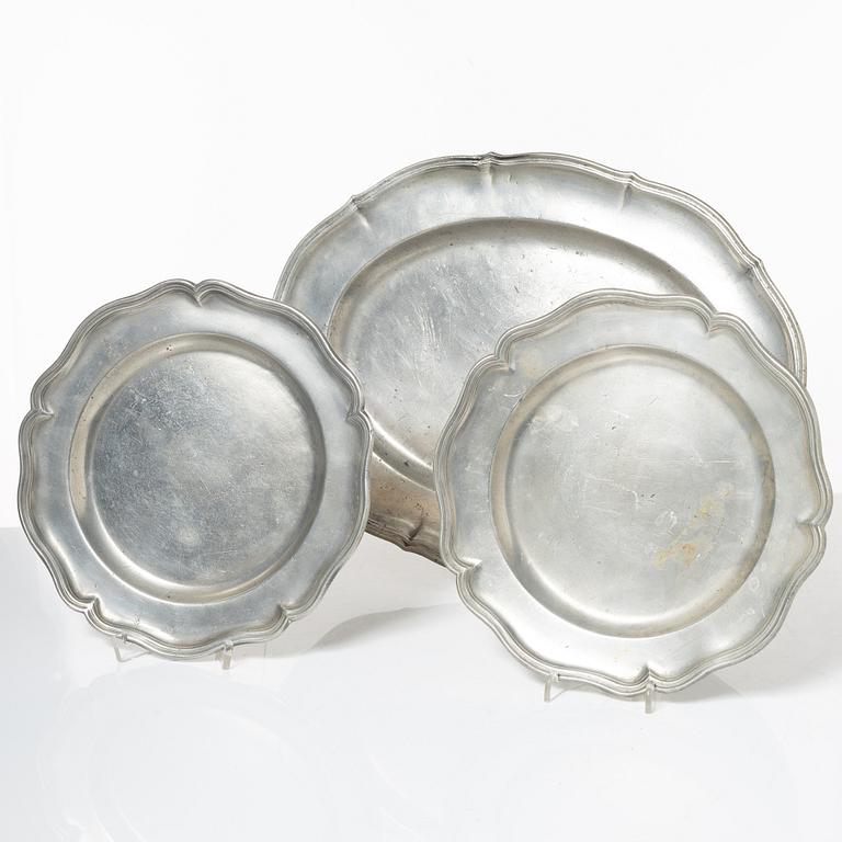 Bowl and 2 plates, pewter, various masters, Stockholm.