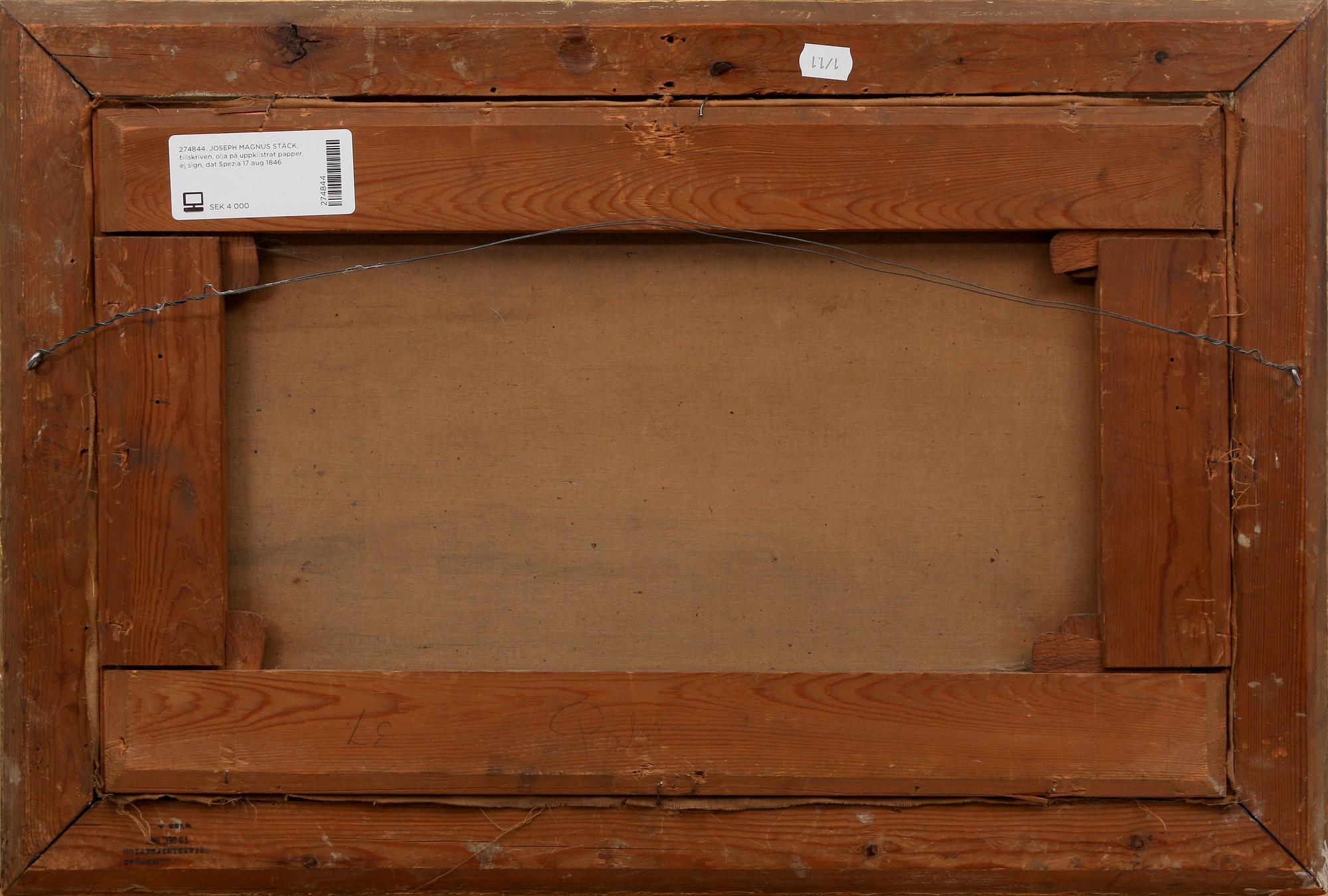 JOSEPH MAGNUS STÄCK, tillskriven, olja på uppklistrat papper, ej sign, dat Spezia 17 aug 1846.