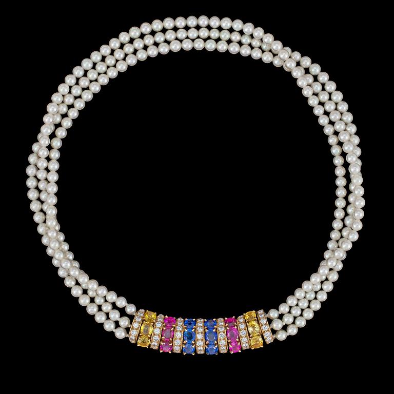 A Van Cleef & Arpels cultured pearl, sapphire and brilliant cut diamond necklace, tot. app. 3 cts.