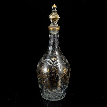 KARAFFER, tre (2+1) stycken, glas. 1800-tal.