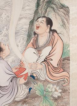 Rullmålning, färg och tusch på papper. Signerad Huang Zhouyuan, samt med dedikation till Na Wufu. Kina, 1930-tal.