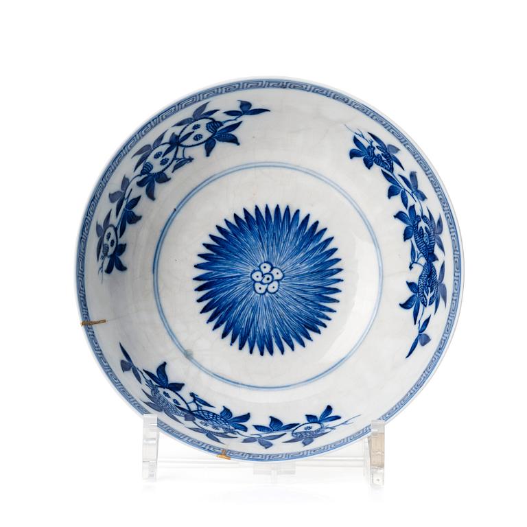 A Chinese blue and white 'three abundance' bowl, Qing dynasty, Yongzheng (1723-35) with Chenghua's six character mark.