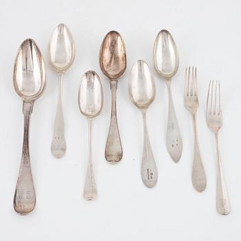 Six spoons and two forks, silver, Sweden, 18th-19th century.