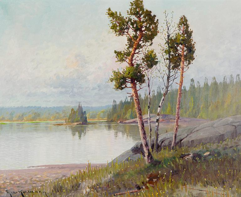 Ejnar Kohlmann, Pines and birches by the shore.