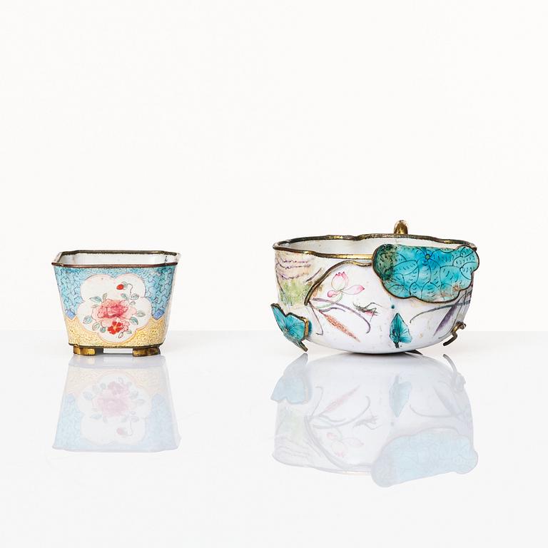 Two Chinese enamel on copper cups, Qing dynasty, 18th Century.