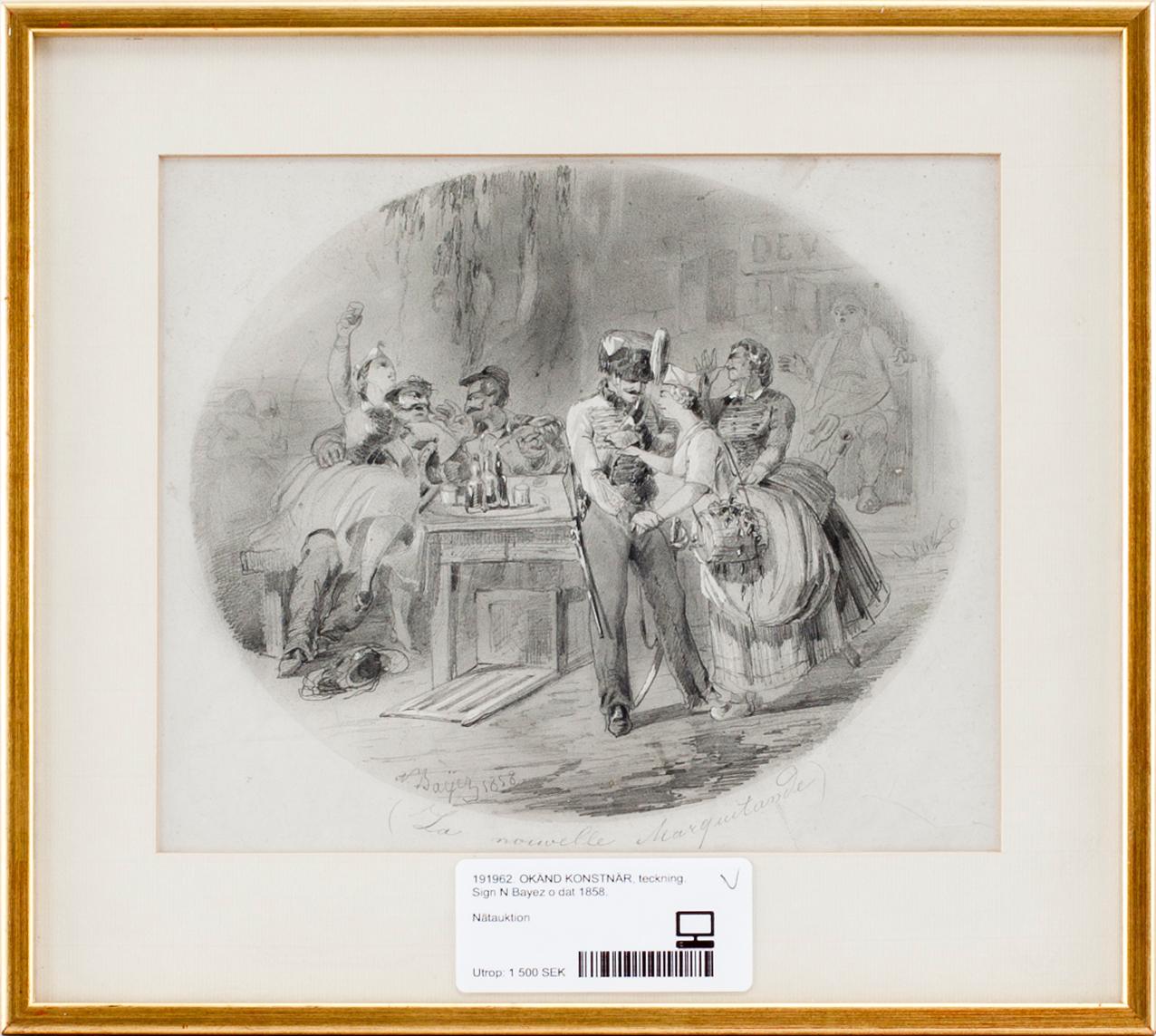 OKÄND KONSTNÄR, teckning. Sign N Bayez o dat 1858.