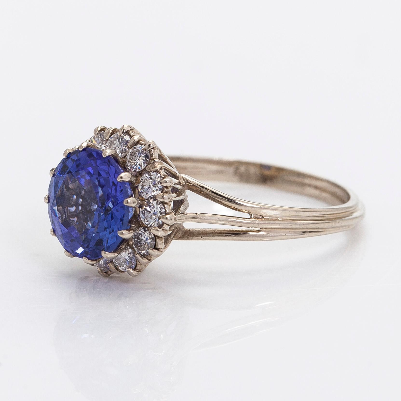 Ring, faceted tanzanite, brilliant cut diamonds, 14K white gold, 1973.