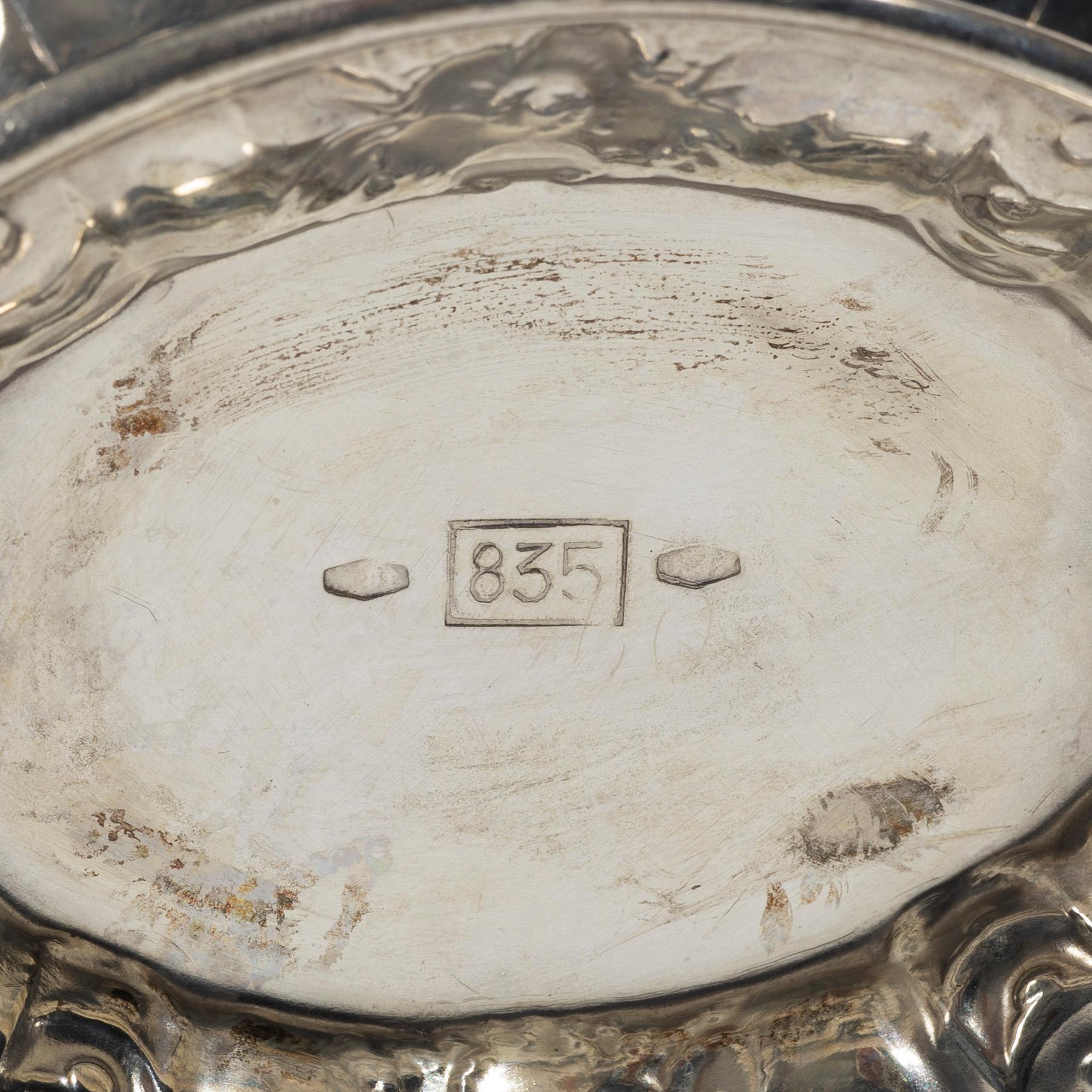 Sugar bowl, cream jug, tray, cup and miniature sugar tongs, silver, including William Mammatt & Son, Sheffield 1896.