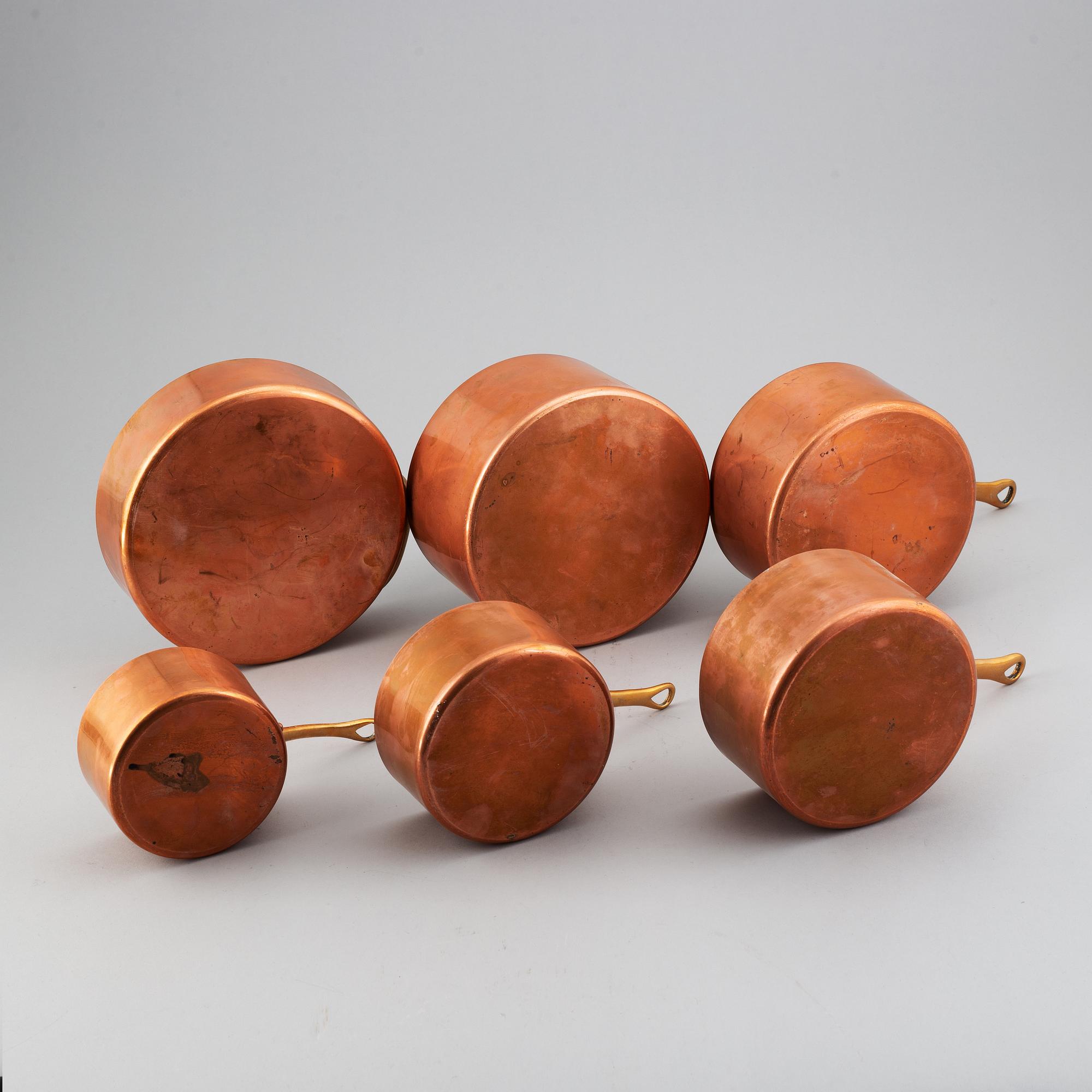 6 saucepans, copper,