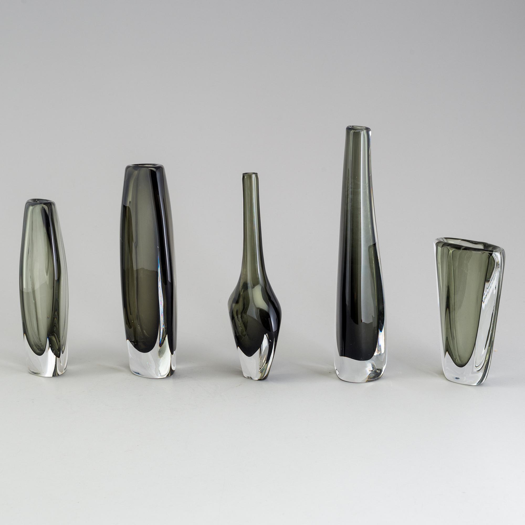 NILS LANDBERG, vaser, 5 st, Orrefors, signerade, 1900-talets mitt.