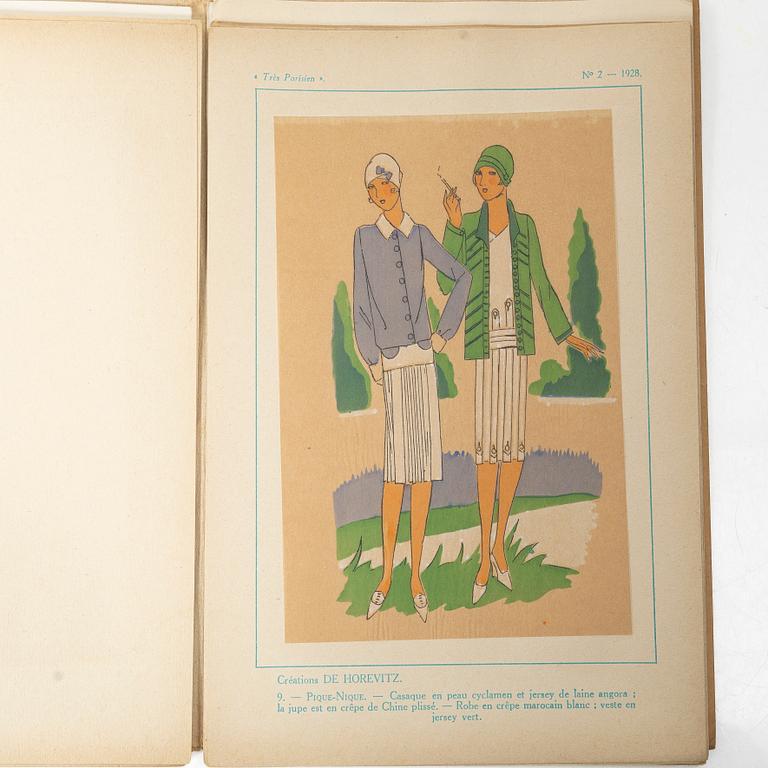 Seven French fashion magazines, 'Trés Parisien', with 123 pochoir fashion plates, Paris, G.-P. Joumard, 1927–31.