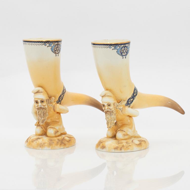 Drinking horns, a pair, porcelain, Rörstrand, circa 1900.
