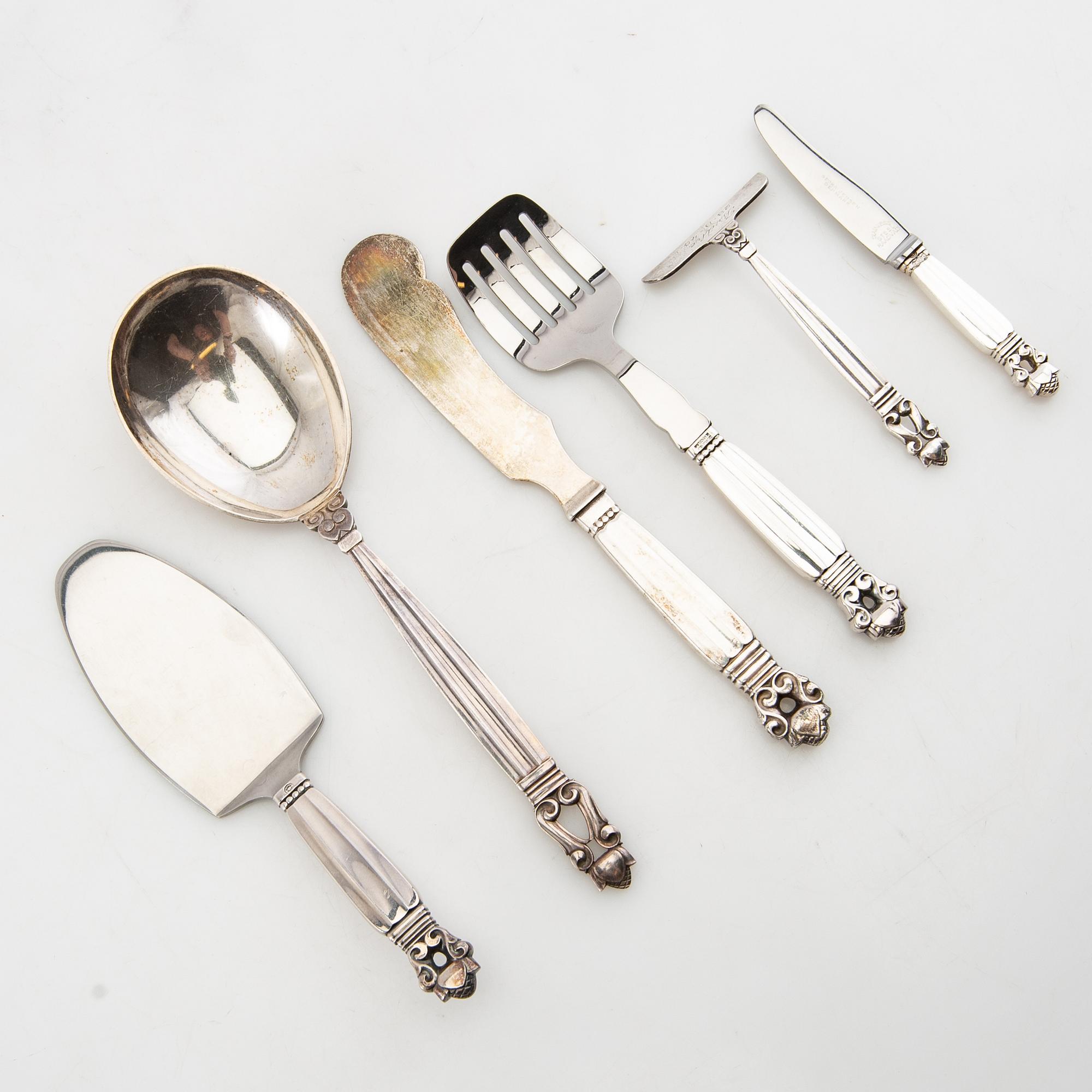 Johan Rohde, serveringsbestick 6 dlr "Konge/Achorn" sterlingsilver för Georg Jensen efter 1945.