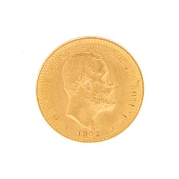 Gold coin 20kr Oscar II, Sweden and Norway 1902.