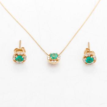 A pair of earrings and a chain ca 18K gold, and a pendant ca 14K gold with emeralds and diamonds ca 0.24 ct in total.