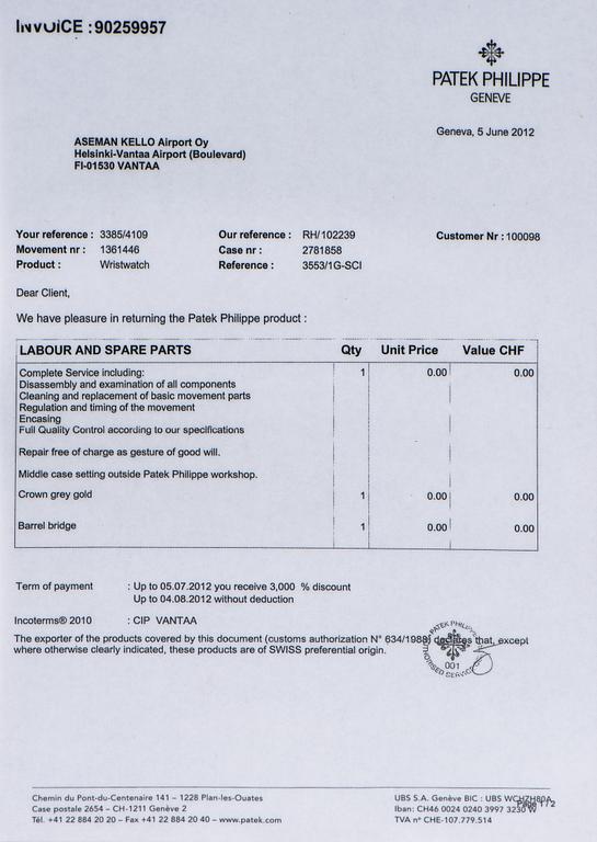 WRISTWATCH, Paterk Philippe 3553, 18K white gold, 26 diamonds. Original certificate. Manufactured 1976.