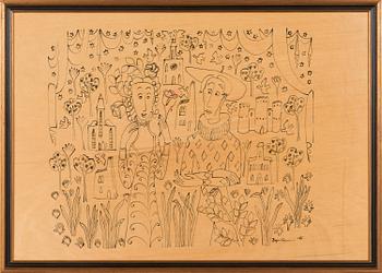 Birger Kaipiainen, drawing, black ink on plywood, signed and dated -46.