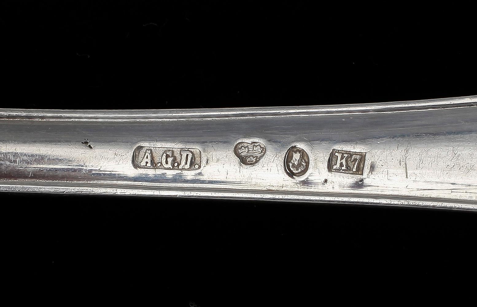 PARTI BESTICK, silver 14 st, bland annat J. Henrik Frodell, Stockholm, 1804. Vikt ca 565g.