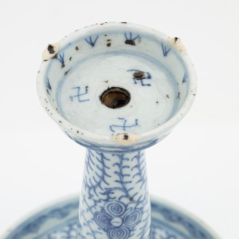 A blue and white Chinese candles stick/joss stick holder, circa 1900.