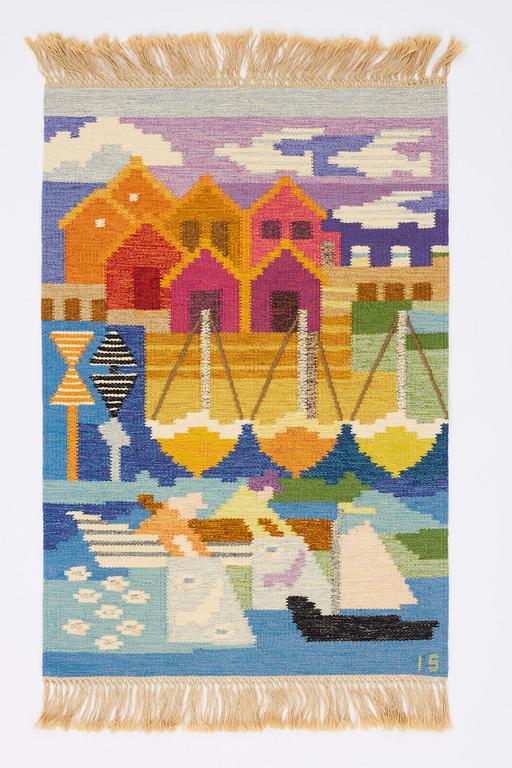 Ingegerd Silow, a wall hanging/rug, flat weave, 'Fiskeläge', signed IS, c. 122 x 85 cm.