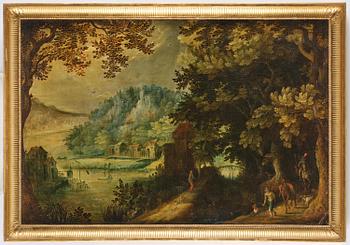 Flemish school, 16th/17th century in the manner of Anton Mirou, Landscape with figure staffage by a village.