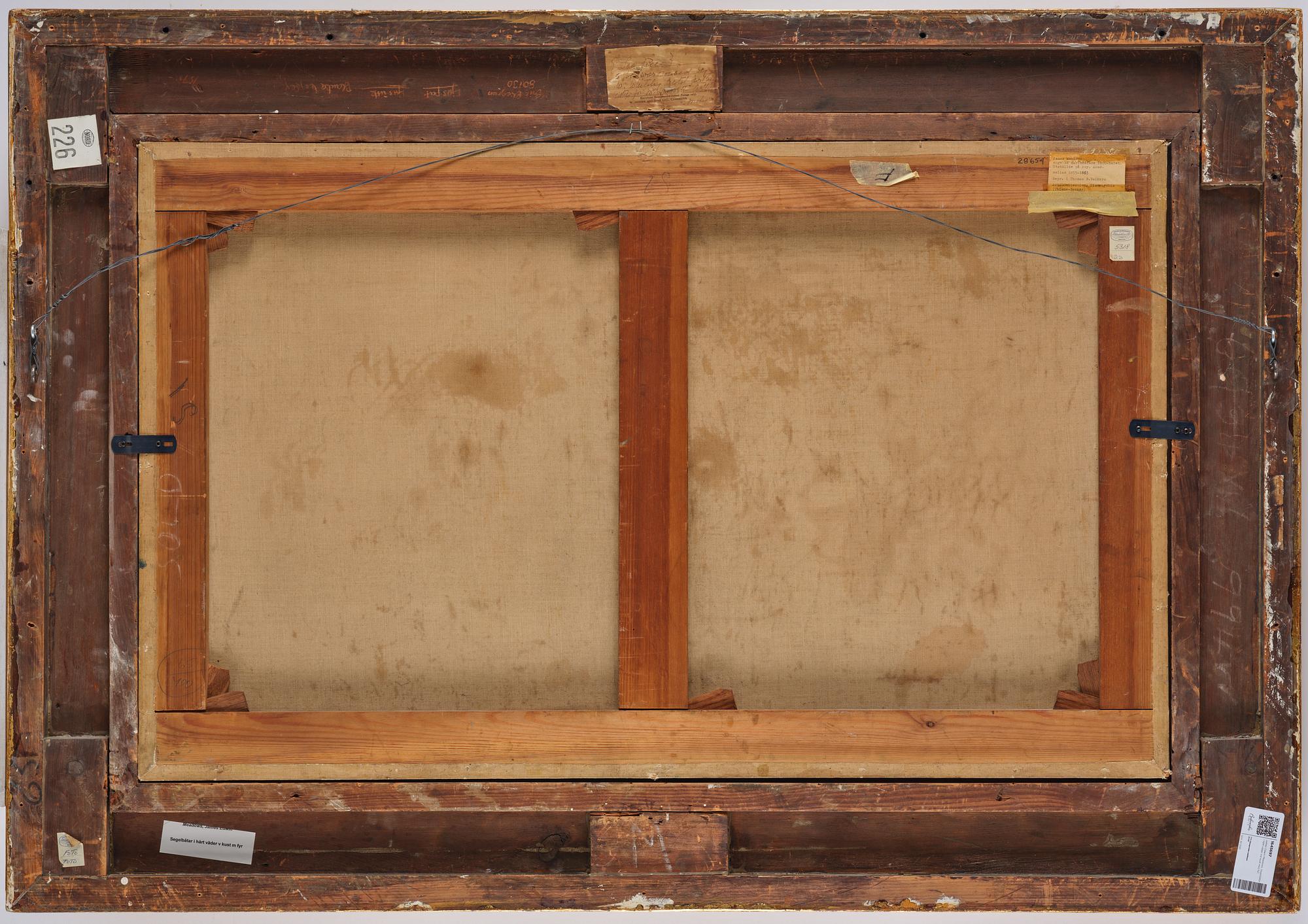 James Edwin Meadows, Sailing boats in rough weather by the coast with a lighthouse.