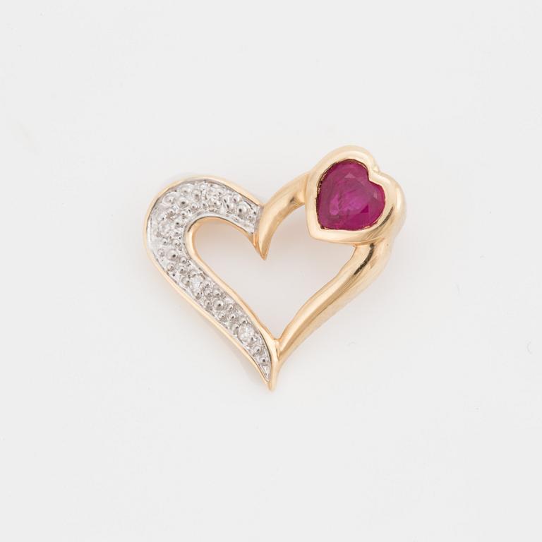 A heart shaped ruby and single cut diamond pendant.