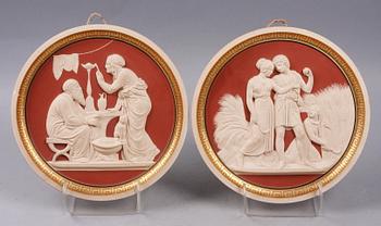 VÄGGPLAKETTER, 2 st, keramik, P. Ipsen, Danmark. Omkring 1900.