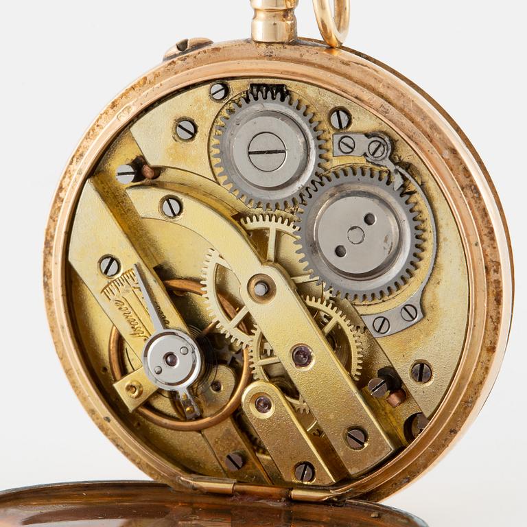 Pocket watch, 14K gold with chain, 32 mm.