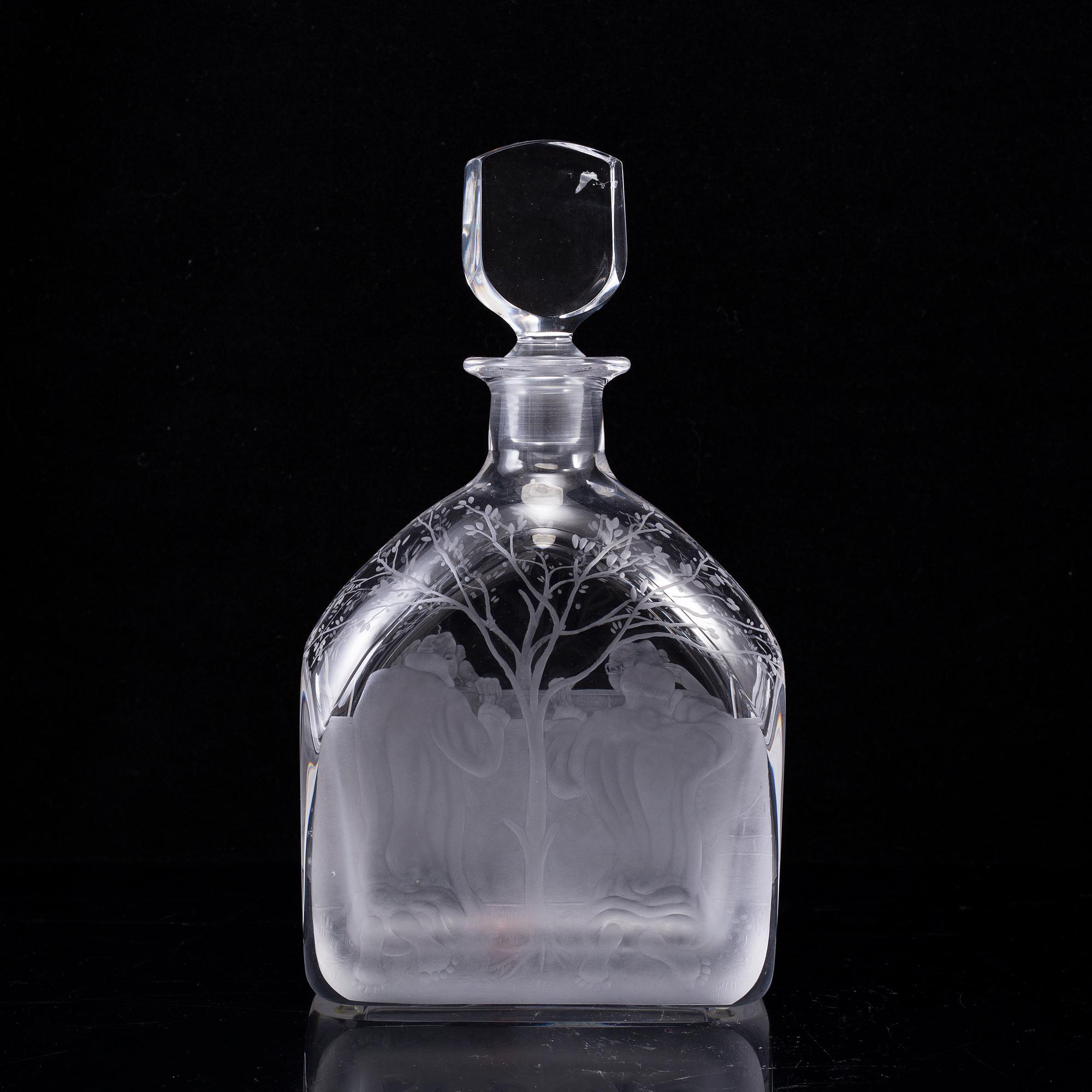 EDWARD HALD, an engraved bottle with stopper Orrefors, Sweden, model 1230.