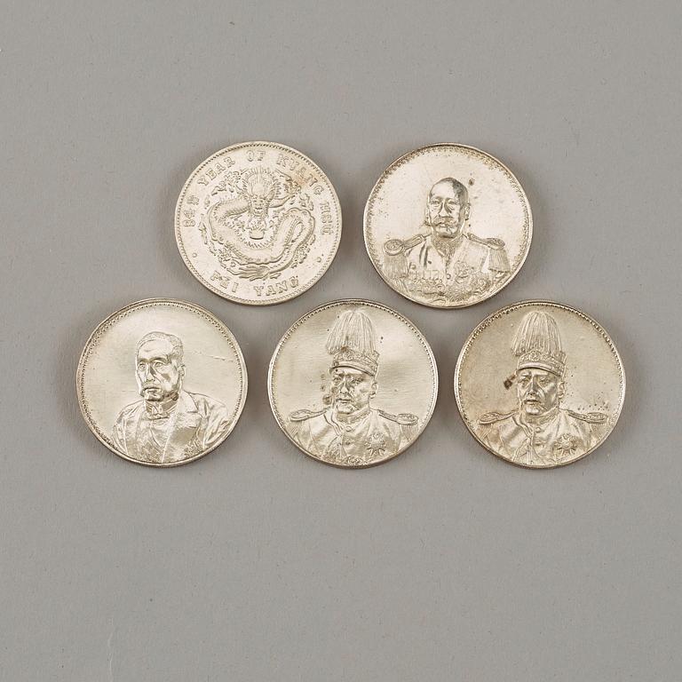 A set of five Chinese silver dollar, four Republic and one Guangxu (1908).