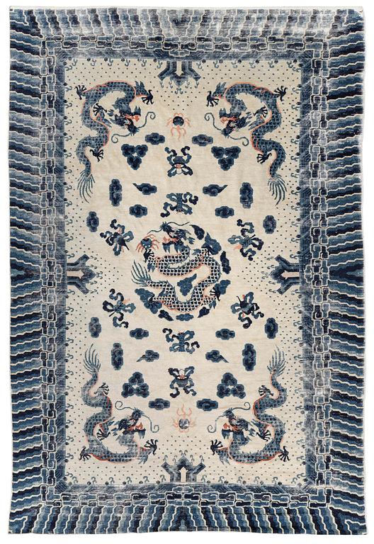An antique Chinese ' five dragon rug', c. 280 x 190 cm.