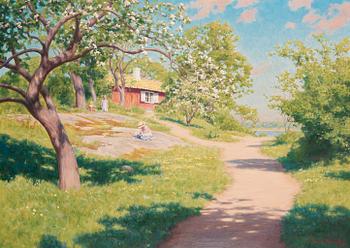 44. Johan Krouthén, Landskap med blommande äppelträd och lekande barn.