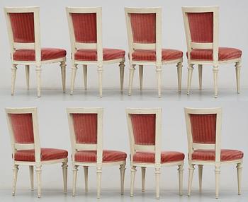 Seven matched Gustavian late 18th century chairs. Comprising also one later chair.