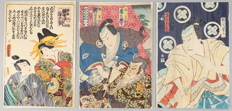 Three coloured woodblock prints by Toyohara Kunichika, Kunisada, Toyokuni III, Japan, 19th century.