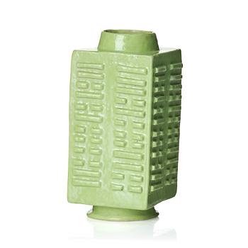 A bright green glazed cong-shaped 'trigram' vase, Qing dynasty, 19th Century.