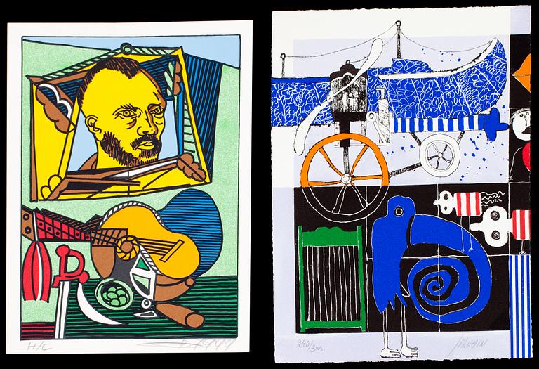 ERRO och CHRISTIAN SILVAIN-KLUTSBERGEN, färglitografier, 2 st, signerade.