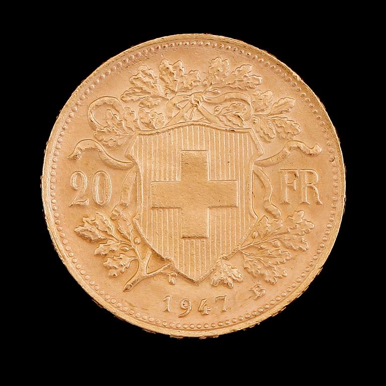 GULDMYNT, 20 fr, Schweiz, 1947. Vikt ca 6 g.
