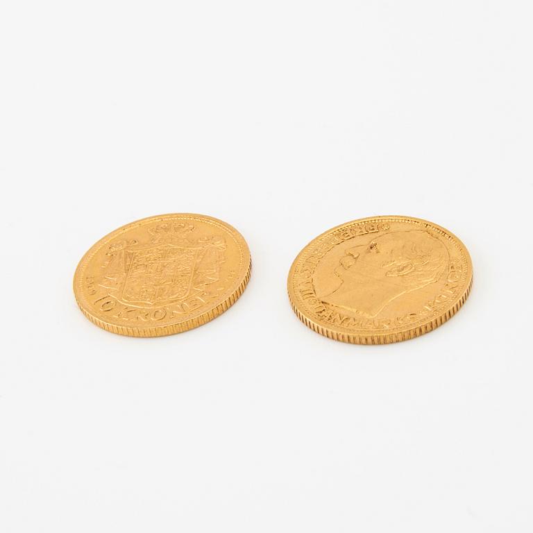 Gold coins 2 pcs 10 kr Frederik VIII, Denmark 1909.