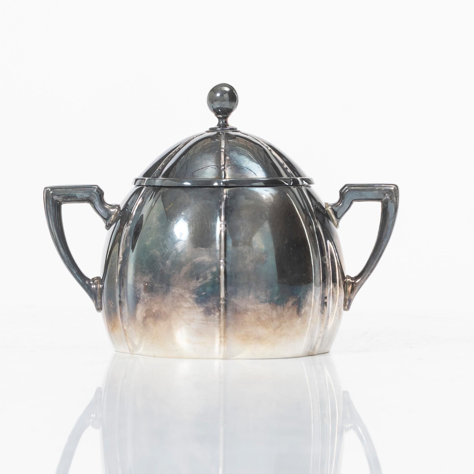Sugar bowl, creamer and tray, silver, mid-20th century.