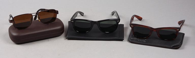 SOLGLASÖGON, 3 par, Giorgio Armani, Ray Ban och Polaroid.
