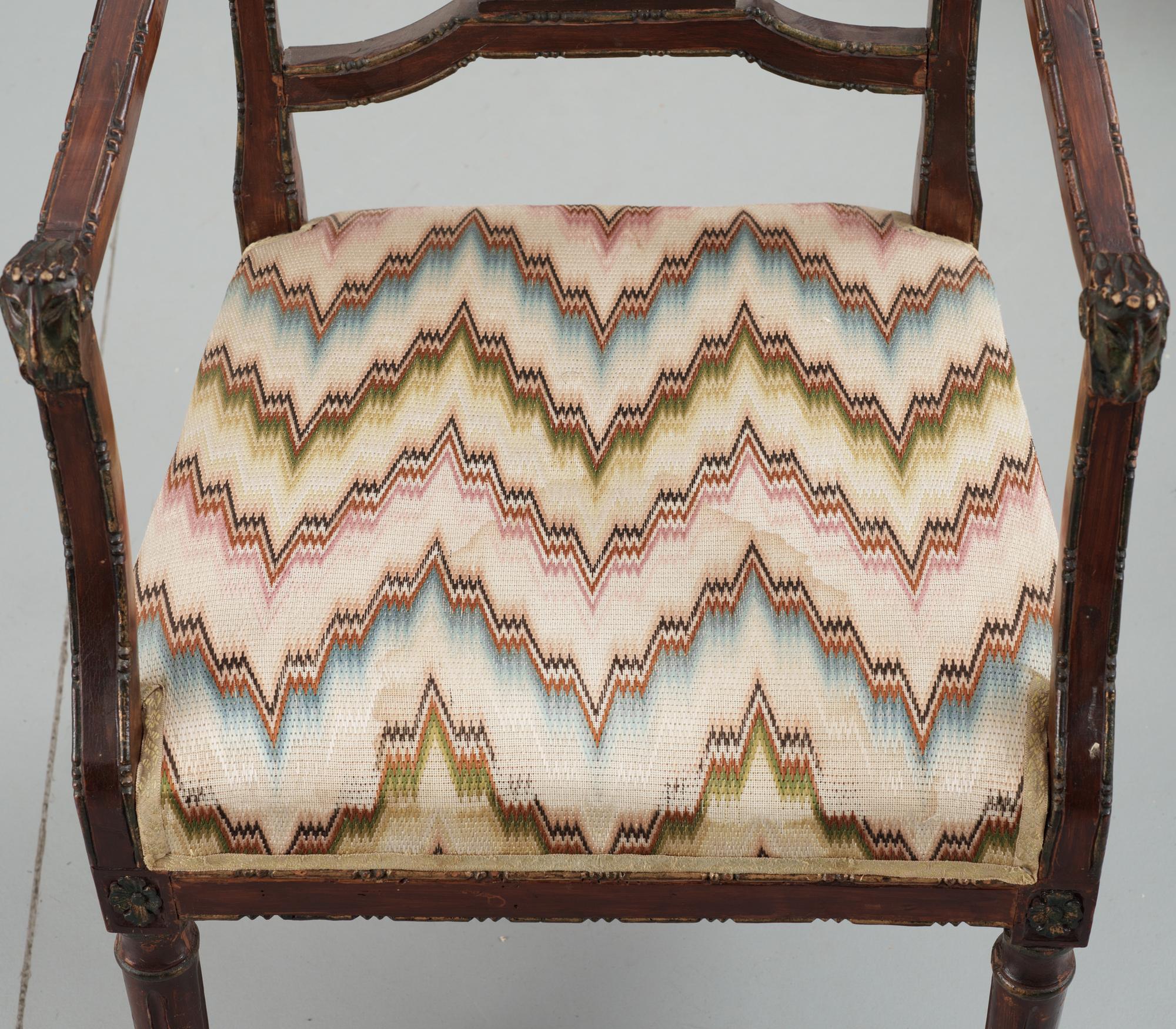 A pair of, probably Italian, 19th c. armchairs from Queen Victoria, Solliden. The embroidery by King Gustav V.