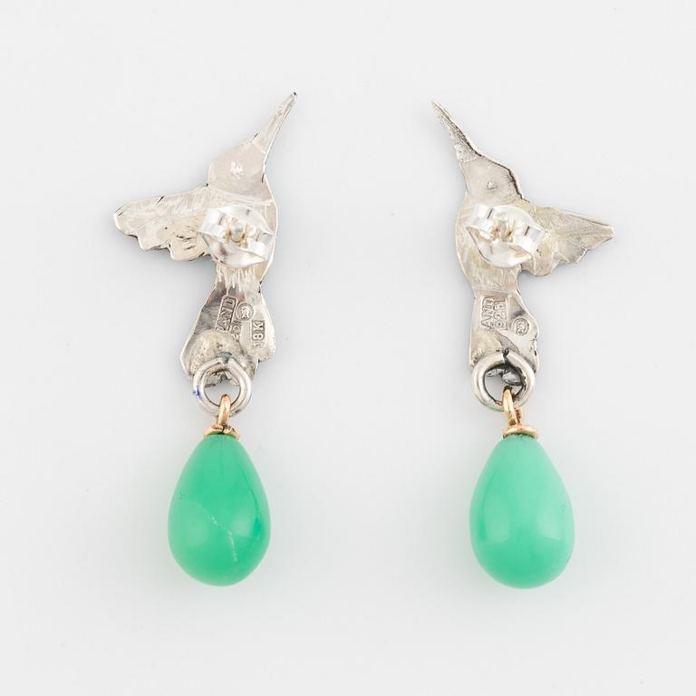 Silver and 18K gold and enamel bird and chrysoprase earrings, Mandelstam.